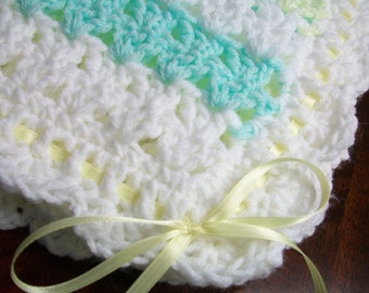 White Crochet Baby Blanket, White Crochet Baby Afghan, Yellow Handmade Baby Blanket, Green Baby Blanket, Green Yellow White Newborn Blanket