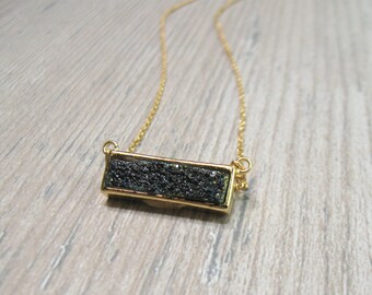 Black Druzy Bar Necklace, Gold Druzy Jewelry, Gold Bar Necklace, black gemstone, quartz jewelry