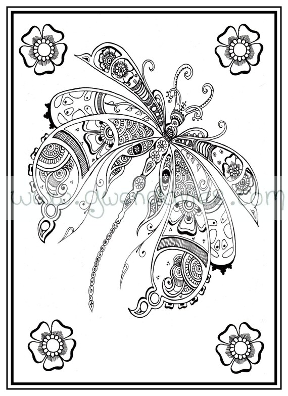 Adult colouring in PDF download dragonfly henna zen mandalas