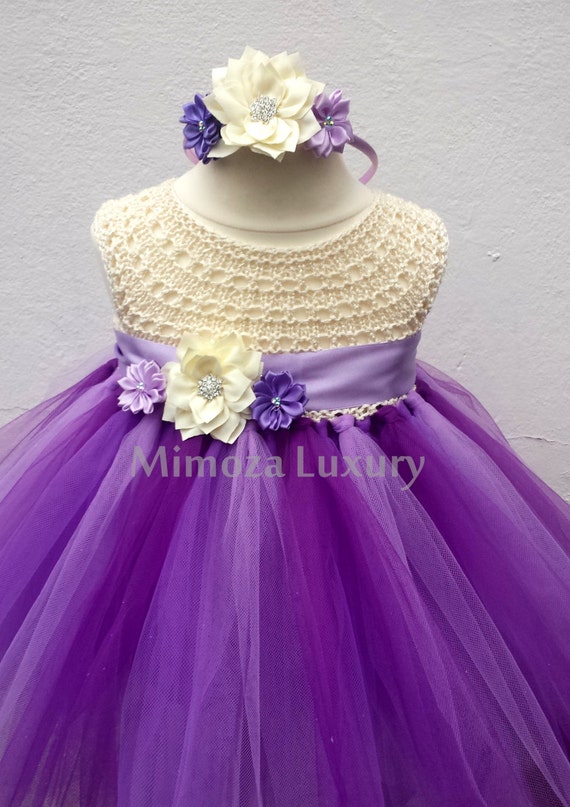 Purple Lavender Flower girl dress, tutu dress bridesmaid dress, princess dress, crochet top tulle dress, knit top tutu dress ivory lilac