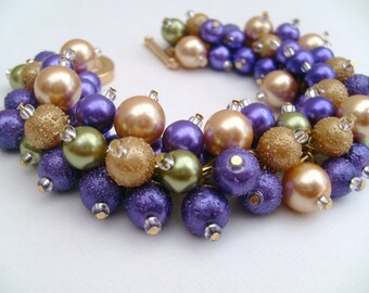 Purple and Gold Pearl Beaded Bracelet, Mardi Gras, Wedding Jewelry, Bridesmaid Bracelet, Cluster Bracelet, Pearl Bracelet, Chunky Jewelry