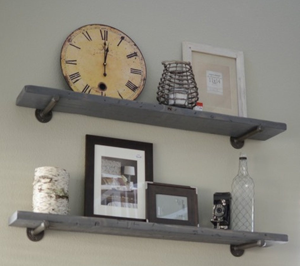 Industrial Gray Wash Floating Shelf With Pipe Brackets Industrial Gray Wash Floating Shelf With Pipe Brackets