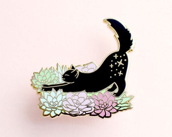 Succulent cat enamel pin Black cat constellation Succulent enamel pin Cactus enamel pin Enamel cat pin Cat lover gift Black floral cat