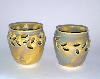 Green Votive Candle Holder or Luminary with Vine Cut-outs - Wheel Thrown Pottery