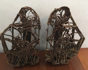 Antique copper tjaps - indonesian batik print stamps. Pair of opposing figures - very rare