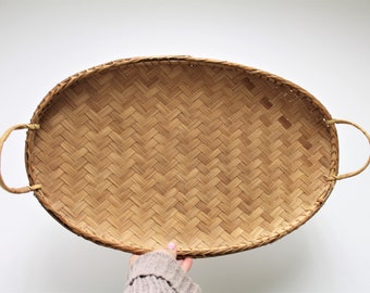 vintage woven basket, rattan basket, bamboo wall basket, large wall basket, boho wall basket, wall basket with handles, vintage rattan tray