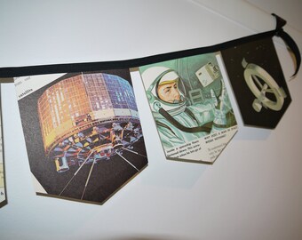 Handmade Bunting Garland - A Trip To The Moon - Vintage 1960's Science Book Pages