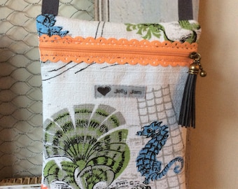 Vintage barkcloth fabric festi bag purse - seahorse