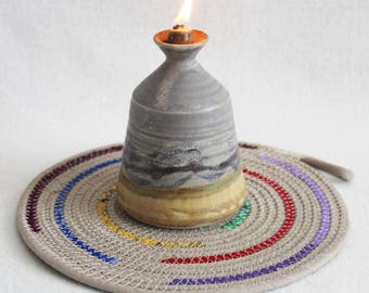Fabric Coiled Mat / Mug Rug / Trivet / Hot Pad / Coiled Rope Mat / Colour Splash Rainbow Round / by PrairieThreads