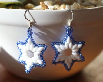 Blue and White Star Earrings,Beaded Star Earrings,Holiday Earrings,Superduo Beaded Earrings,Christmas Earrings,Festive Earrings