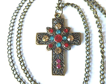 BRASSTONE RHINESTONE Cross, Colorful Brasstone Openwork Cross Pendant, Filigree Cross Necklace, Cross with Neck Chain, Christian Spiritual