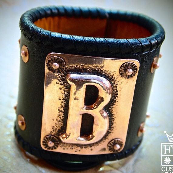 Leather cuff Bracelet hand hammered Copper Initial and sterling silver concho Chase/Repousse Handmade for YOU in USA by Freddie Matara