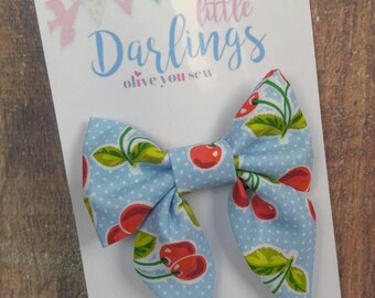 SALE! 30% OFF**Sailor Hair bow, Toddler hair bow, Baby hair bow, Teen hair bow, Girl Hair bow- Blue Cherries