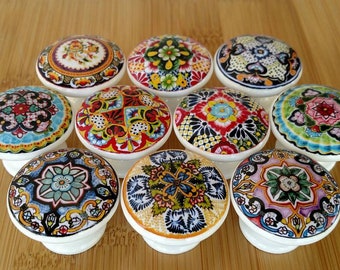 Talavera Spanish Wood Drawer Knob on Cherry Wood Knob Size 1.5 Drawer Pull Dresser Knob Kitchen Pull
