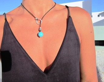 turquoise leather necklace, lariat necklace, y shapped necklace, turquoise jewelry, y silver necklace, bohemian jewelry, silver necklace