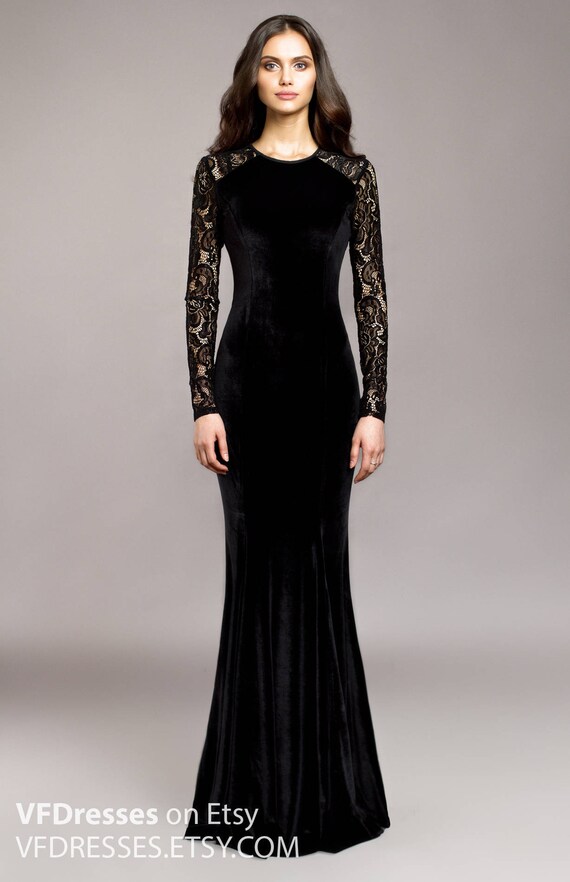 black-velvet-evening-dress-wedding-guest-dress-lace-dress