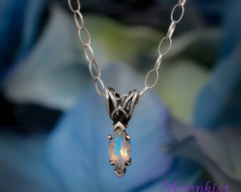 Rainbow Moonstone Layering Necklace - Marquise Solitaire Necklace - Sterling Silver Moonstone Necklace - Gemstone Necklace - June Birthstone
