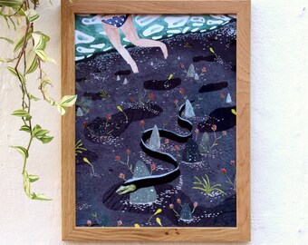 Submarine eel and swimmer drawing print - Swimming Pool 02