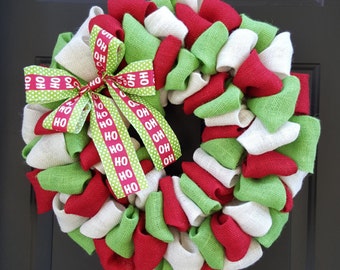 Christmas Burlap Wreath, Burlap Wreath, Holiday Wreath, Red, Lime Green, and White Burlap Wreath with a Red and Green HOHOHO Bow