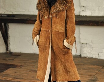 Vintage Afghan patchwork shearling Penny Lane coat with Fox fur collar