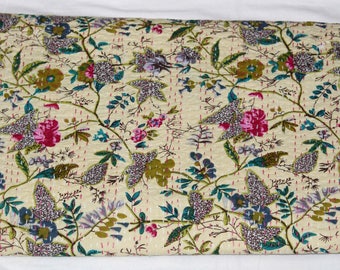 Indian Cotton Kantha quilt Bedding Bedspread Ralli Handmade Throw Boho Bedcover Queen Floral Print Kantha Handstiched Arts