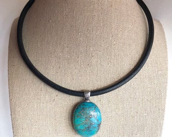 Southwestern Signed Sterling Silver Turquoise Pendant Leather Necklace, Turquoise Necklace, Southwestern Necklace, Leather Necklace, 16”-18”