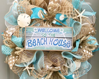 Beach Wreath, Burlap Deco Mesh Wreath with Seashells, Welcome To The Beach House, Nautical Wreath, Seashell Wreath, Welcome Wreath
