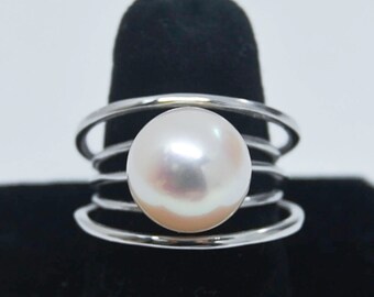 Modern Pearl Ring | 12 mm Pearl | Silver Statement Ring | Size 7