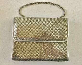 Whiting & Davis International Silver Mesh Evening Bag Purse 1980s Mirror w/ Metal Chain