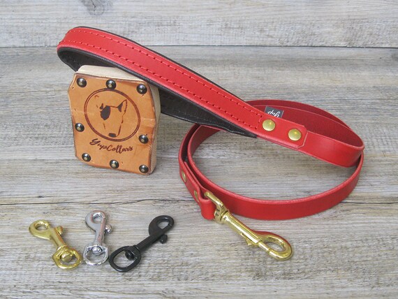 Red Leather Dog Leash with Soft Padded Handle, Custom Lenght and Width, Brass, Nickel or Black Hardware, Handmade Dog Lead, Prime Leather