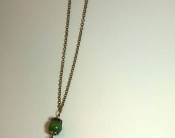 Antique gold long chain necklace with green wooden beads