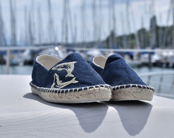 Espadrilles, summer shoes, espadrille flat, women, denim fabric, sandals, embroidery, nature themes