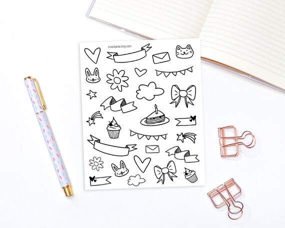 cute doodles black and white stickers to colour in yourself