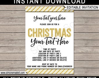 Printable Christmas Party Invitation - Christmas Invite - Any Occasion - Gold Glitter - INSTANT DOWNLOAD with EDITABLE text - you edit