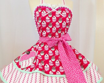 Retro Apron - Sugar Rush Cupcake Pinup Apron -Ready To Ship/Holiday Apron, Woman's Apron, Bakers Apron, Kitchen and Hostess Apron