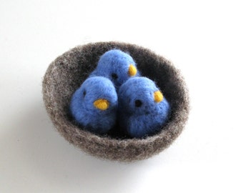 blue birds of happiness nest needle felted wool set of three bluebirds fiber art gift waldorf inspired imaginative play set baby birds gift