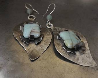 Rustic silver earrings with aqua Jasper stones