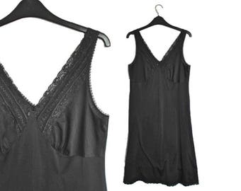 Black Vintage Slip Dress / 80s Silky Nightie / Vintage Lingerie Slip Dress / 1980s St Michael Nightwear / Lacey Slip Dress / 36" Bust