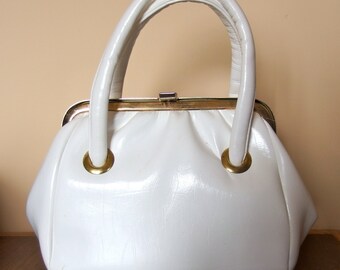 1960s 1970s White Vinyl Structured Purse Bag Two Handles