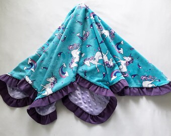 Baby Blanket Unicorns Minky Corduroy Ruffle Medium Size Turquoise Purple