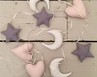Moon, stars, and heart stuffed bunting