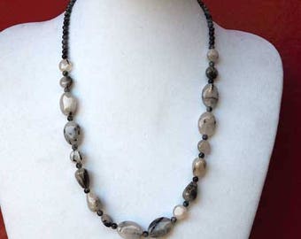 Necklace made of Quartz and obsidian, black marbled grey, 50cm, ideal ceremony