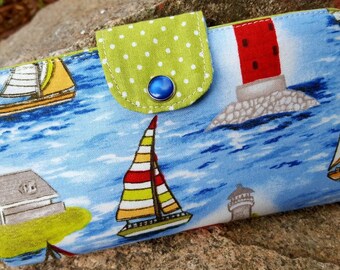 Lighthouse Checkbook Cover, Sail Boat Coupon Wallet, Lighthouse Wallet, Lighthouse Fabric Checkbook Case, Nautical Checkbook Cover