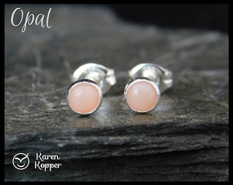 October birthstone earrings - Natural pink opal gemstone earrings, 4mm, in a sterling silver bezel setting. Sleepers, stud earrings. 112