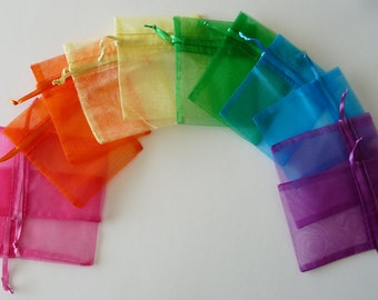 90 - Organza Bags, 3"x4", 15 each of 6 Different Rainbow Colors With a Satin Drawstring