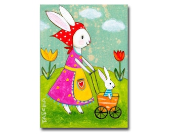 Original Bunny Painting Mama Bunny Rabbit and baby bunny cute white rabbit painting by Tascha