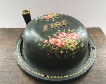 RARE Vintage large Fire bell Green floral handpainted retro fire bell Hand turned dinner gong Made in England