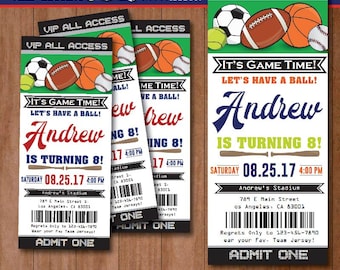 All Star Sport Birthday Invitation-SELF-EDITING Sport invitation-All Star Party Ticket-Football-Baseball-Basketball-Soccer-Tennis-A136-B