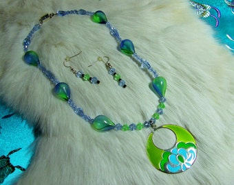 Blown glass and Blue Crystal Necklace 09-07