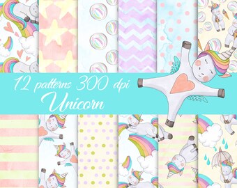 Unicorn digital paper, Watercolor Unicorns, Magical Unicorn scrapbook papers, pastel papers, Rainbow digital paper, Unicorn clipart